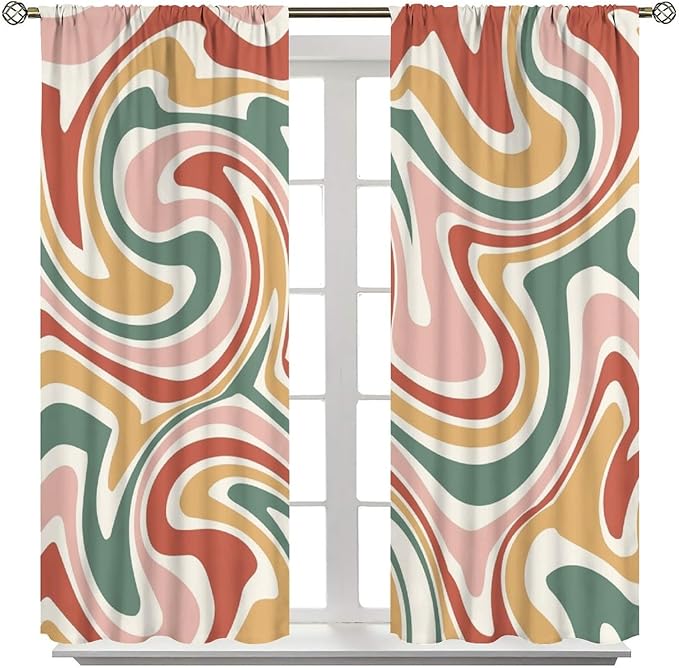 70S Abstract Wavy Swirl Curtain for Bedroom Windows,Retro Boho Minimal Teen Girls Kids Living Room Restroom Window Treatments Drapes 63"" W X 63"" L, Style-4