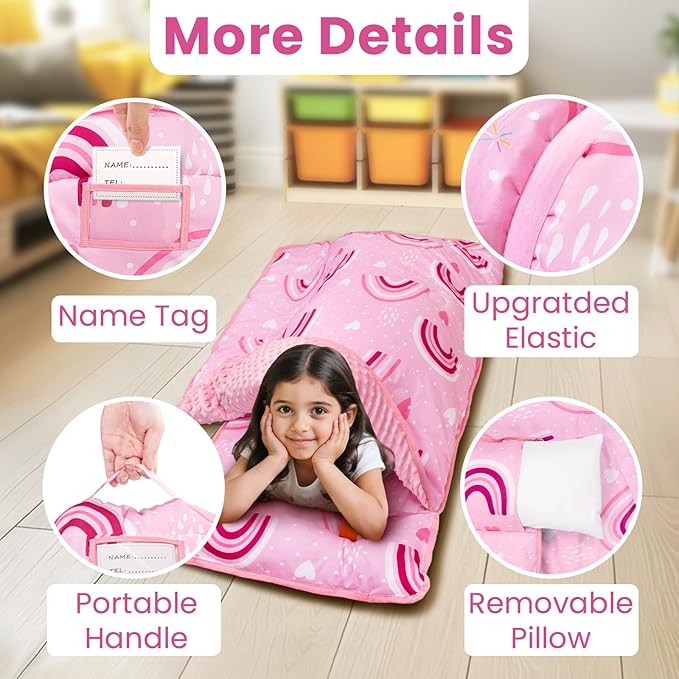 Toddler Nap Mat with Pillow and Minky Blanket, Large 55"x35" Sleeping Bag, Washable, Lightweight, Easy to Roll, Perfect for Preschool, Daycare, Kindergarten, Travel, Boys and Girls(Rainbow)