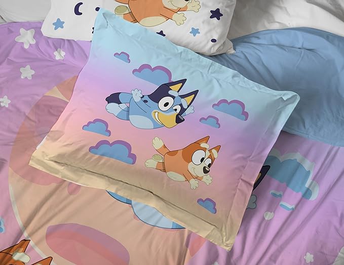 Jay Franco Bluey & Bingo Toddler Comforter Set - 4 Piece Bed Set Includes Sheet Set & Pillow Covers - Super Soft Clouds & Stars Kids Bedding