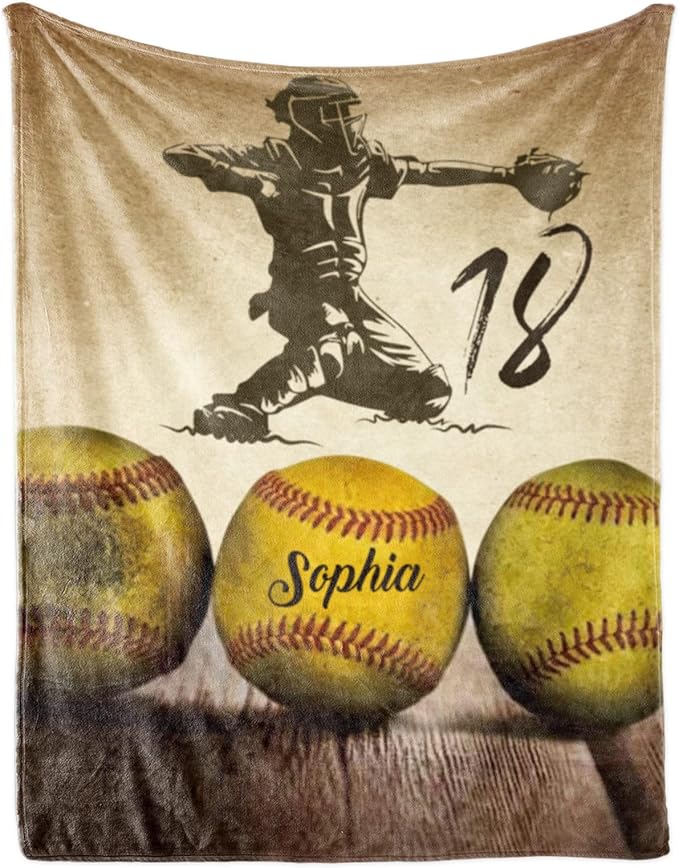 Custom Softball Blanket with Number Name: Personalized Fluffy and Warm Gift for Baby Toddler Kids and Adults Birthday Skin-Friendly Flannel Fabric(30X40inch)
