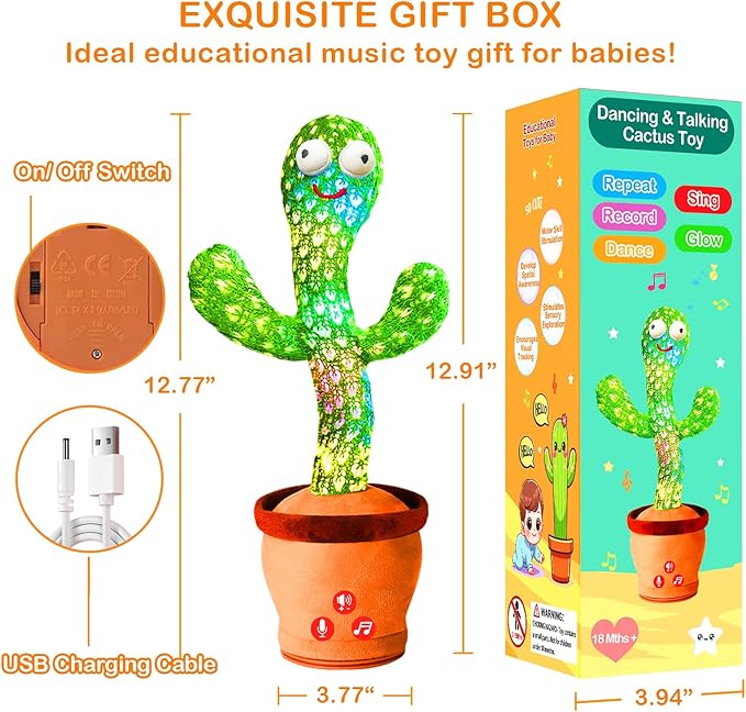 River Mill Rechargeable Dancing Talking Cactus Toy, Interactive Singing Mimicking Cactus Baby Toy, Baby Toys Gifts w/Exclusive English Songs for Babies, Stocking Stuffers for Kids, for Grandkids