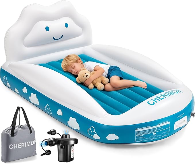 Inflatable Toddler Travel Bed, Portable Kids Air Mattress with 4-Sides Safety Bumpers & Electric Pump, Toddler Blow Up Mattress Bed for Travel Camping Grandma's Sleepovers, Gift for Kids
