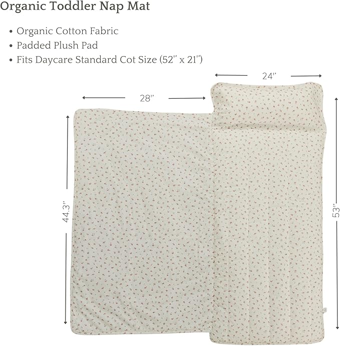 Organic Toddler Nap Mat – 100% Cotton Kids Washable Sleeping Mat & Detachable Pillow – Sleeping Bag with Soft 1.5” Pad – Ideal Nap Mat for Daycare, Preschool, & Sleepovers