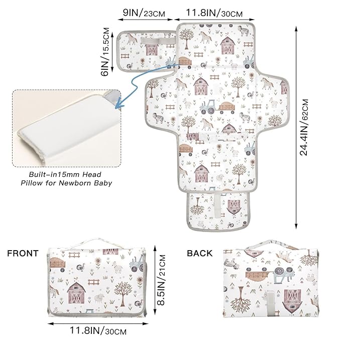 Portable Changing Pad for Baby - Cute Farm Animals Waterproof Diaper Changing Mat Travel Changing Pad with Built-in Pillow - Shower Gift for Baby