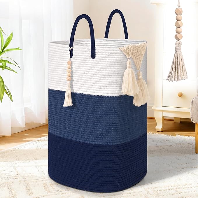 Woven Laundry Basket for Clothes,100 L Large Rectangle Laundry Hampers with Beads Tassel, Nursery Storage Basket for Toys, Tall Dirty Clothes Hamper for Bedroom Aesthetic, Laundry Room Organization