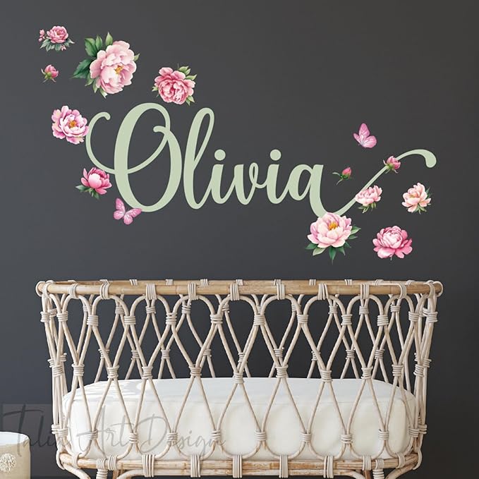 Custom Peony Flower and Butterfly Wall Decal – Personalized Name Sticker for Girl’s Room, Nursery Decor, Floral Bedroom Wall Art