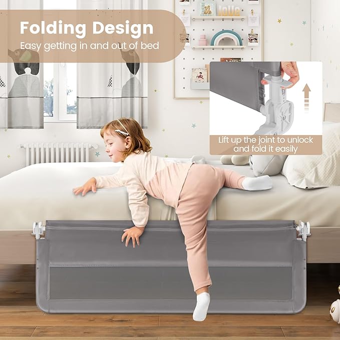 HONEY JOY Bed Rail for Toddlers, 59-in Extra Long, Portable Safety Bed Guardrail w/Double Safety Child Lock, Foldable Baby Bed Rail Guard, Fit King & Queen Full Twin Size Bed Mattress (2 Pack, Gray)