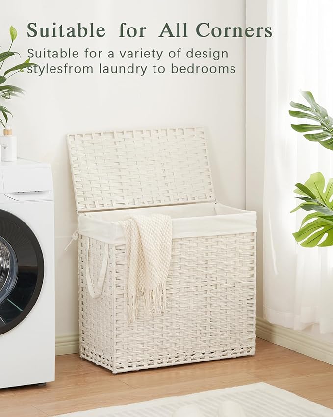 Laundry Hamper with Lid Laundry Basket 132 L (35 Gal) Wicker Clothes Hamper, Handwoven Rattan Hamper with Handles and 4 Removable Liner Bags, 6 Mesh Bags for Laundry Bedroom White