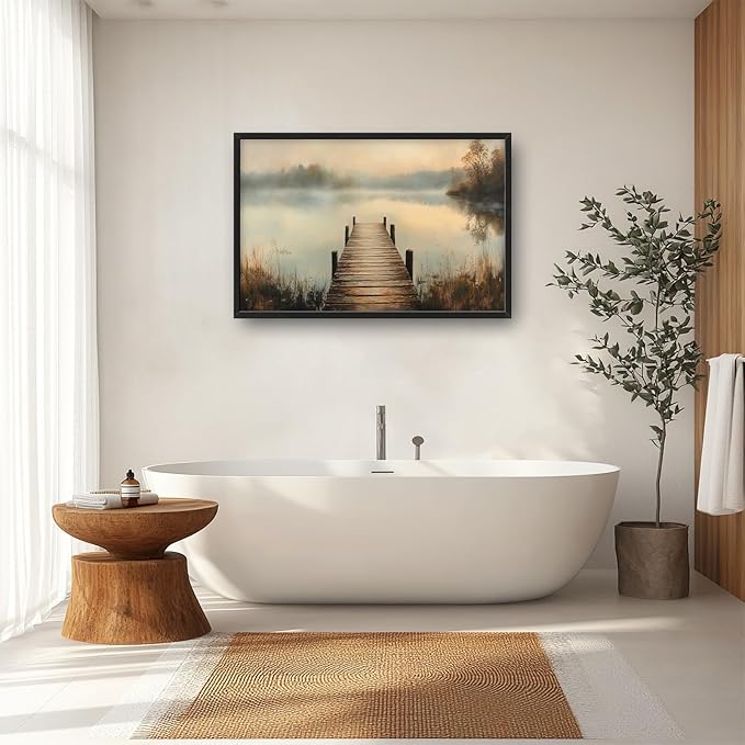 Olivine Large Wall Art, Retro Lake Pictures Wall Decor, Pier Painting, Nature Landscape Canvas Prints, Framed Artwork for Bathroom Bedroom Living Room Office Home Decoration 36"x24"