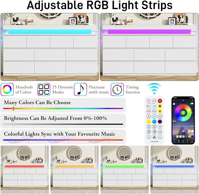 10 Drawer Dresser for Bedroom, 63“ Wide 34” Tall Drawer Organizer Cabinet with LED Light and Charge Station, Modern Chest of Drawers for Closet, Living Room, Entryway, Hallway (White, 10 Drawers)