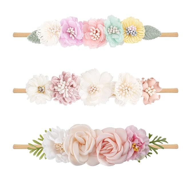 cherrboll 3pcs Baby Girl Headbands Flowers, Super Soft & Stretchy Nylon Floral Hairbands for Newborn Toddler