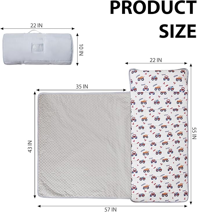 Toddler Nap Mat with Pillow and Minky Blanket 55''x35'' Toddler Sleeping Bag for Daycare, Preschool Travel Camping Mat Nap Mat for Boys and Girls