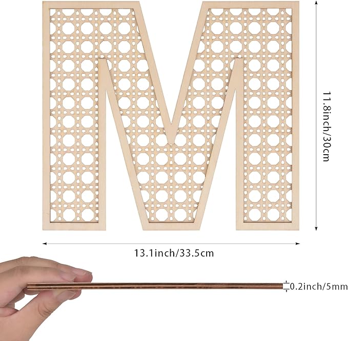 Large Boho Wooden Rattan Letters 12 inch for Nursery Decor Wood Letter M Wall Decors for Baby Girl Boy Bedroom Home Rustic Name Sign Birthday Wedding Decorative Letters