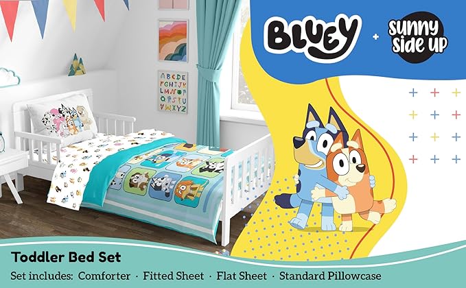 Sunny Side Up Bluey & Friends Toddler Comforter Set - 4 Piece Preschool Bedding Includes Comforter, Sheets & Pillow Cover - Super Soft Microfiber Bed Set