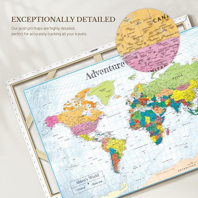 ElephantStock - Personalized Adventure Awaits IV Push Pin World Map Wall Art - Horizontal Canvas Wall Art - Living Room Wall Decor - Digital Art Map Canvas Art - Blue And Green Decor - 51" x 34"