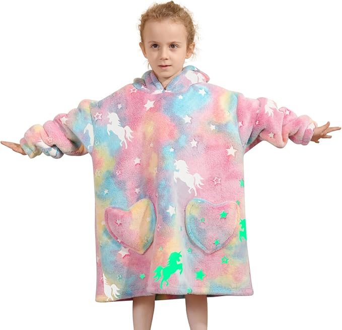 Fiosnow Glow in the Dark Horse Blanket Hoodies for Kids Toddler 2-6YR Oversize Wearable Blanket Hoodies for Boys Girls