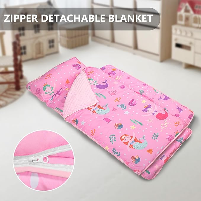 Primlect Toddler Nap Mat Extra Large Thickened 55''x35'', Soft Sleeping Bag with Detachable Minky Blanket and Pillow, Portable for Daycare, Preschool, Kindergarten, Travel, Boys and Girls