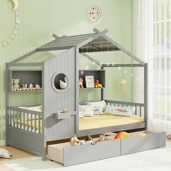 KOMFOTT Twin Size Wood House Bed with 2 Drawers, Wooden Bed Frame with Cube Storage & Fence Rails, Wooden Platform Twin Bed Frame with House-Shaped Roof for Bedroom, No Box Spring Needed (Grey)