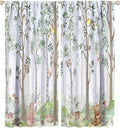 Kids Watercolor Woodland Animal Window Curtains, Bear Deer Squirrel Hedgehog Fox Birds Green Forest Blackout Rod Pocket Treatment for Boys Girls Bedroom 42x63in