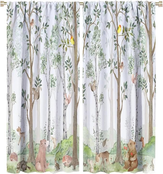Kids Watercolor Woodland Animal Window Curtains, Bear Deer Squirrel Hedgehog Fox Birds Green Forest Blackout Rod Pocket Treatment for Boys Girls Bedroom 42x63in