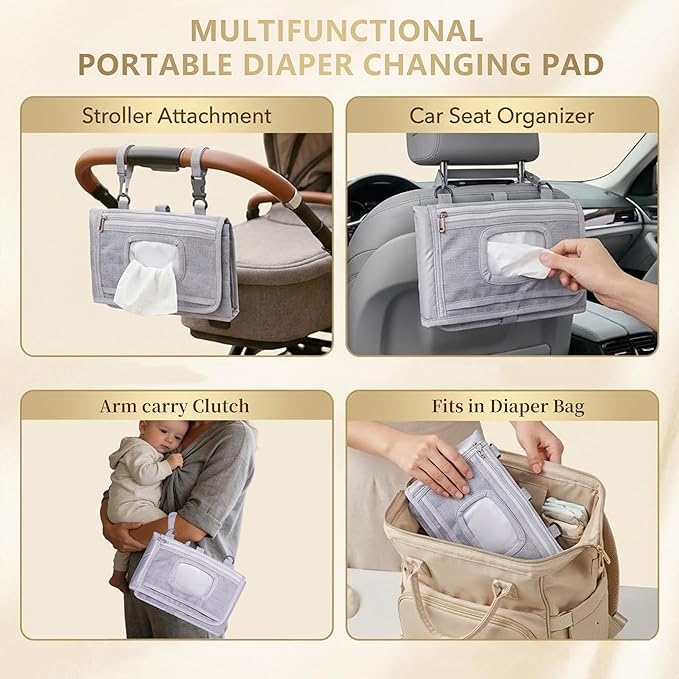 Large Portable Diaper Changing Pad - Waterproof Foldable Baby Travel Changing Mat with Storage Pockets & Wipes Bag, Lightweight, One-Hand Fold, Crossbody Strap for Parents,Infant Travel Station Kit