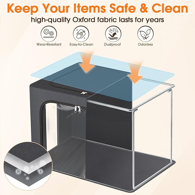 6 Pack Clothes Storage Bins with Metal Frame,40L Storage Bags Fabric Box Organizer with Clear Window,Zippers,Sturdy Handles(6 Pcs,Light Grey,40L)