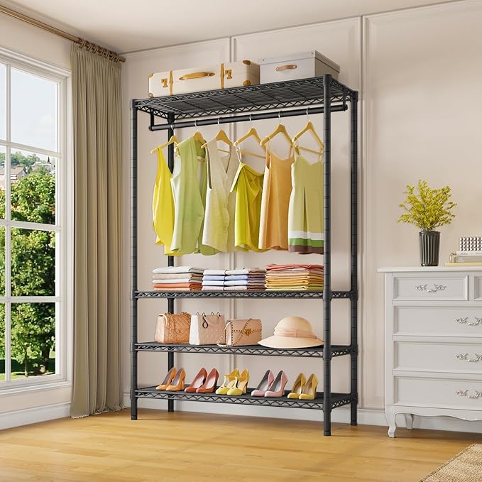 VIPEK V1 Plus Heavy Duty Clothes Rack with Shelves - 4 Tiers Adjustable Height | Holds Up to 540lbs | Perfect for Small Spaces, Apartments | Compact Design for Flexible Storage, Black