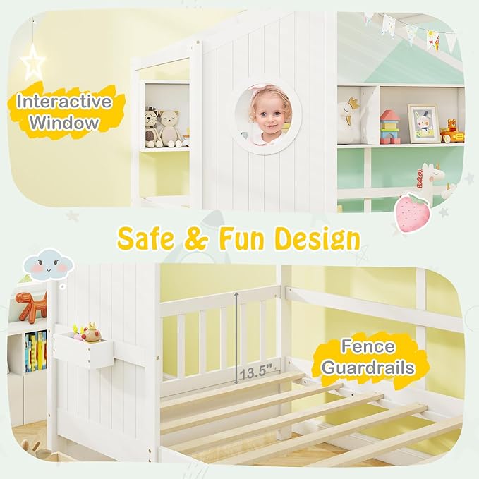 KOMFOTT Twin Size Wood House Bed with 2 Drawers, Wooden Bed Frame with Cube Storage & Fence Rails, Wooden Platform Twin Bed Frame with House-Shaped Roof for Bedroom, No Box Spring Needed (White)