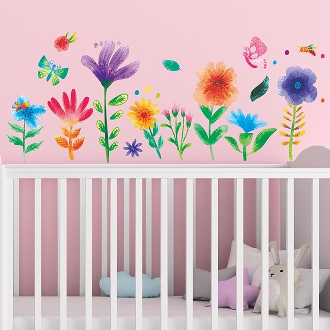 Watercolor Flower Wall Stickers - Kids Baby Boys Girls Toddler Garden Preschool Floral Wall Decals - Nursery Playroom Classroom Daycare Bedroom Home Wall Decor