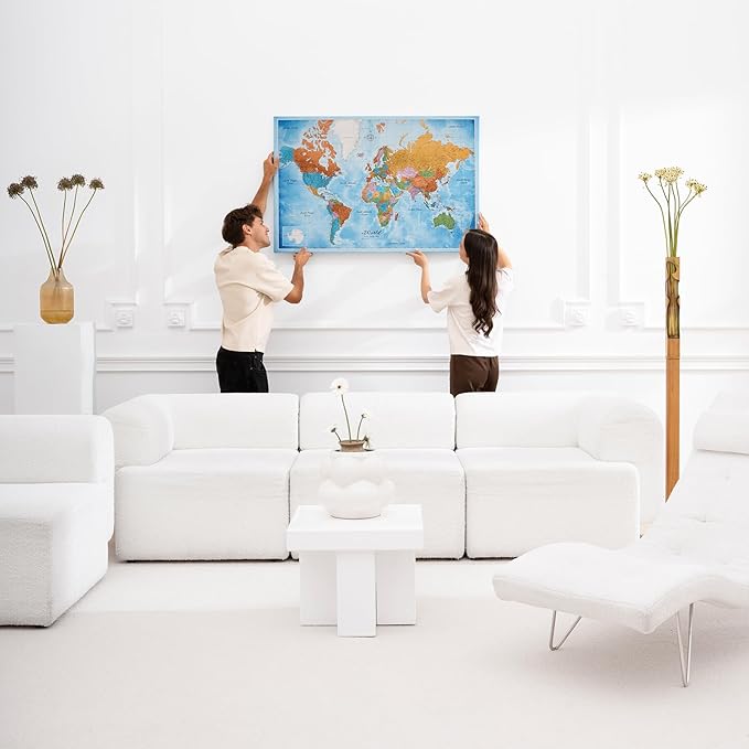 Canvas World Map with Cork Pin Board - English Lettering - Decorative Wall Decoration for All Rooms - Canvas Pictures with World Map Motif (90x60 cm, Pattern 21)