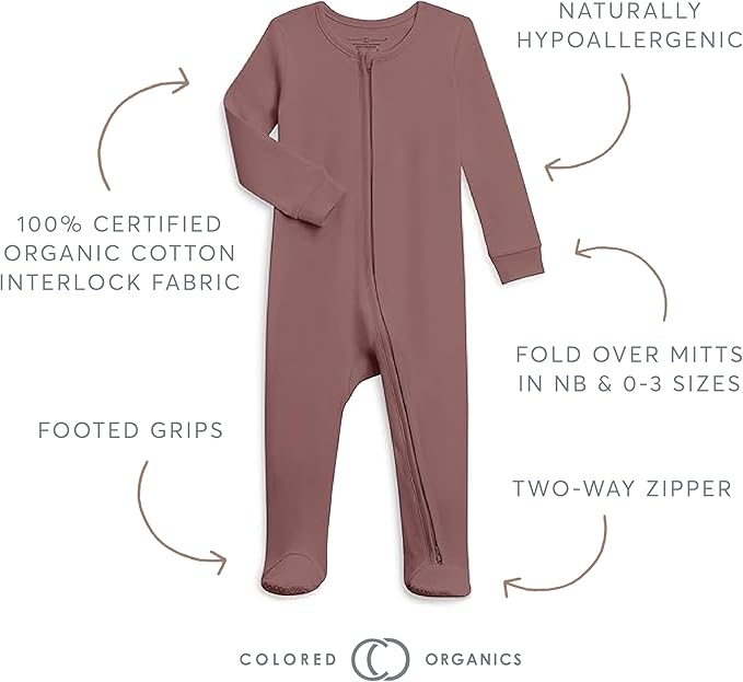 Colored Organics Baby Zip-Up Footed Sleeper with 2-Way Zipper - Newborn Organic Cotton Pajamas