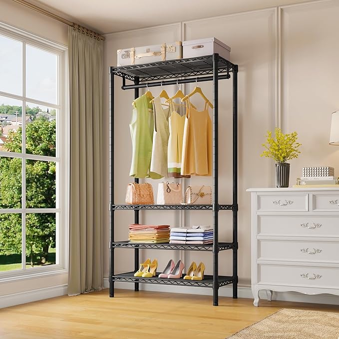 VIPEK V1 Medium Portable Garment Racks 440lbs Load Capacity, Heavy Duty Clothes Rack with 4 Tiers Adjustable Shelves & Hanging Rod, Compact Space-Saving Storage for Small Apartments/Dorms (Black)