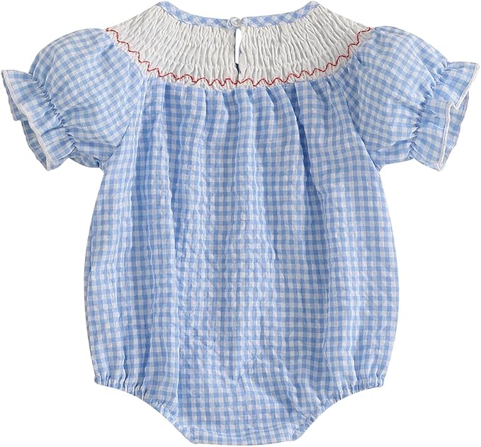 Baby Girl Smocked Western Romper Short Sleeve Bubble Rompers Summer Clothes Plaid Print Embroidery Bow Bodysuit Tops