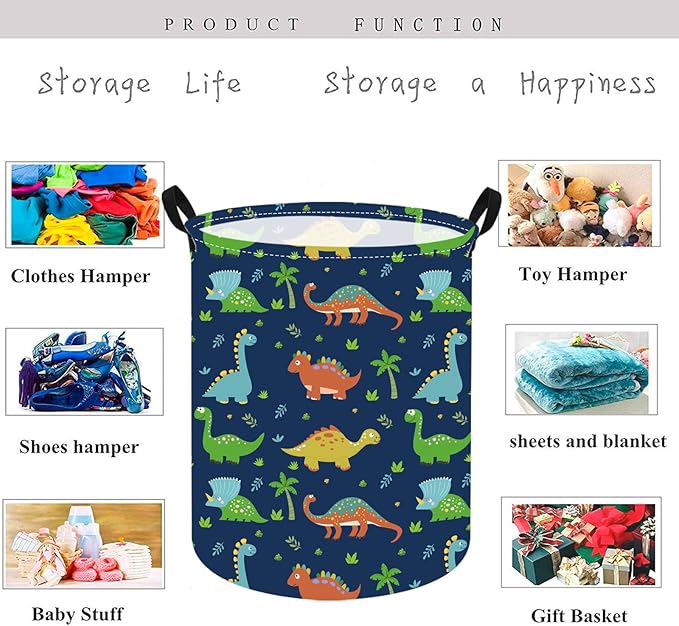 KUNRO Round Dinosaur Laundry Gift Basket Storage Hamper, Kids Toys and Clothes Storage Organizer Bins, Toy Shelf Basket with Handles for Room Decor