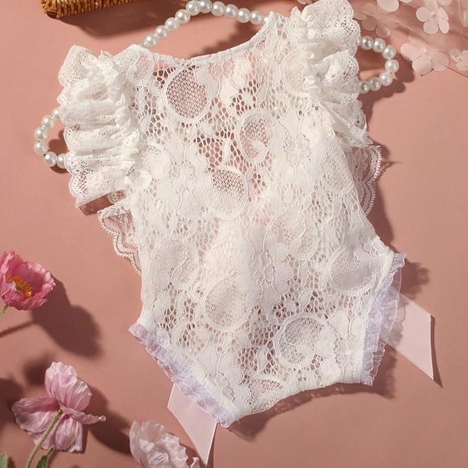 Newborn Girl Photography Outfits, Backless Lace Romper with Flower Headband Photo Props, Baby Girl Photoshoot Outfits