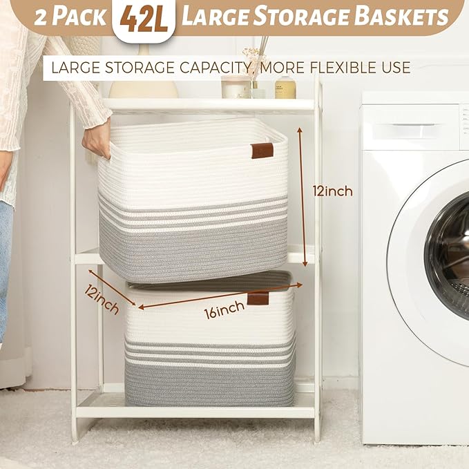 Storage Baskets, 42L*2 Pack Storage Baskets for Organizing, Laundry Basket for Closet, Cotton Rope Blanket Basket for Storage, Toy Storage Basket for Living Room, Laundry Room, Bedroom-Grey