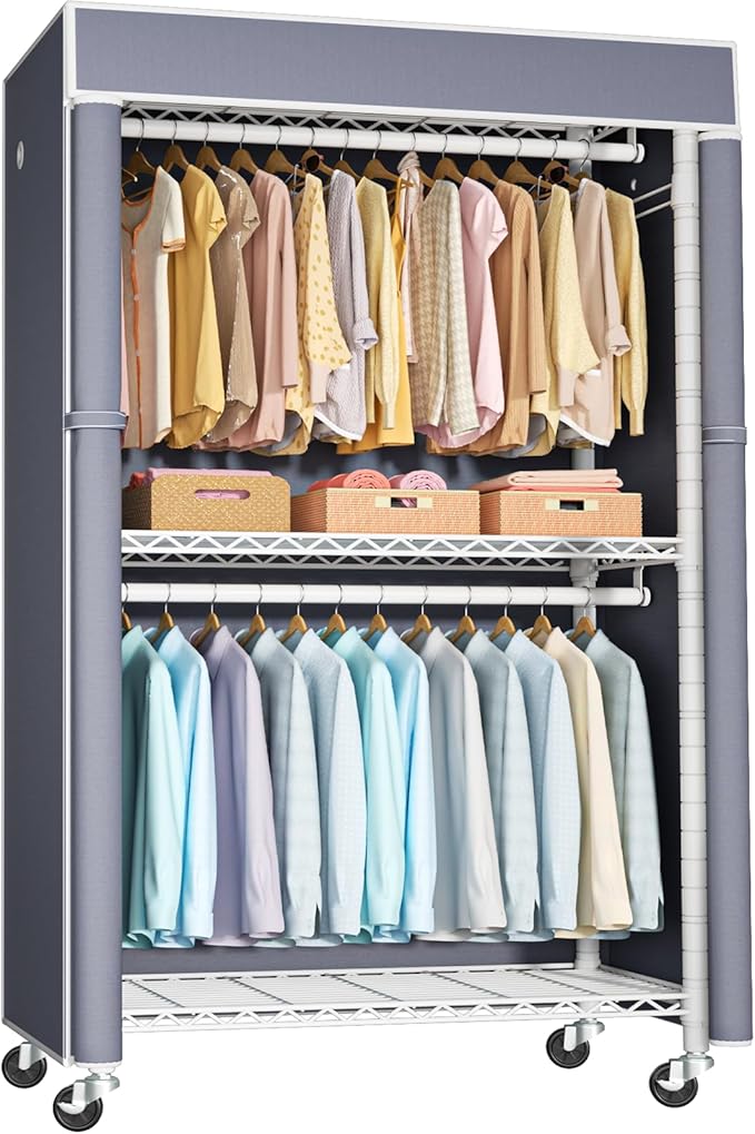 FUTASSI White Clothing Rack with Grey Cover, P1C Rolling Closet Rack with Wheels, Metal Garment Rack for Hanging Clothes, Clothing Storage Wardrobe, 36.2" W x 16.5" D x 80.5" H, Load 450 Pounds