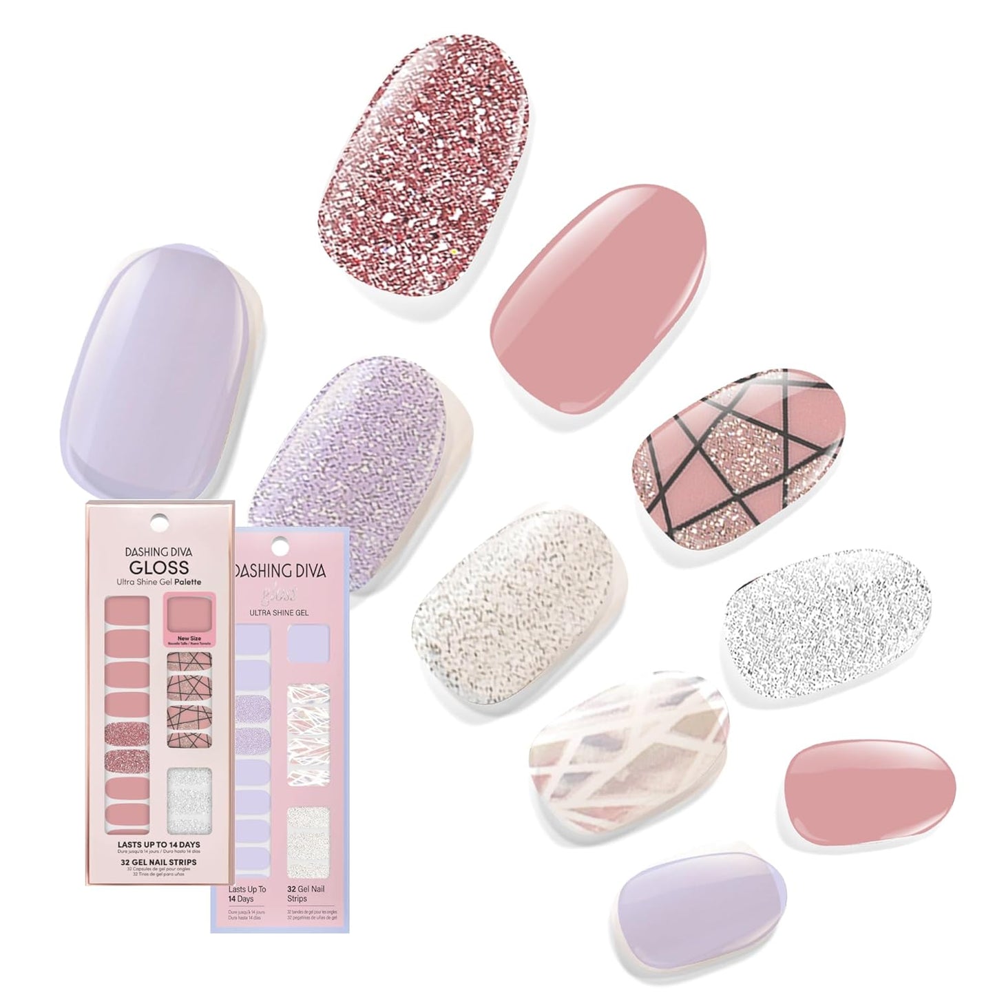 Dashing Diva Gloss Nail Strips Bundle - The Geometric Collection- Rose Sparkle & Gleam Queen - UV Free, Chip Resistant, Long Lasting Gel Stickers - Contains 2 Sets