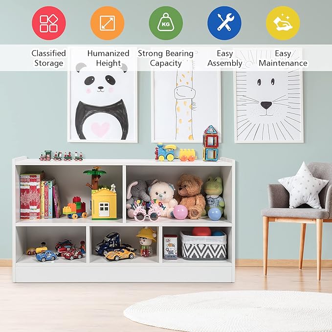 Costzon Toy Storage Organizer for Kids, 5-Section School Classroom Storage for Organizing Books Toys, Wooden Kids Bookshelf Daycare Furniture for Preschool, Playroom, Nursery, Kindergarten (White)