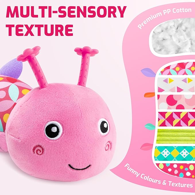 Sumobaby Infant Baby Musical Stuffed Animal Toys for 0-3-6-12 Months,Multi Sensory Toys with Crinkle and Rattles, Tummy Time Toys for Newborn Boys Girls, Caterpillar, Pink