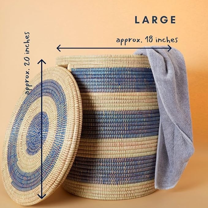 Small Blue Stripes Storage Basket, Organize Living Room, Bedroom, Nursery, Decorative, Wicker, Woven, Round, Handles