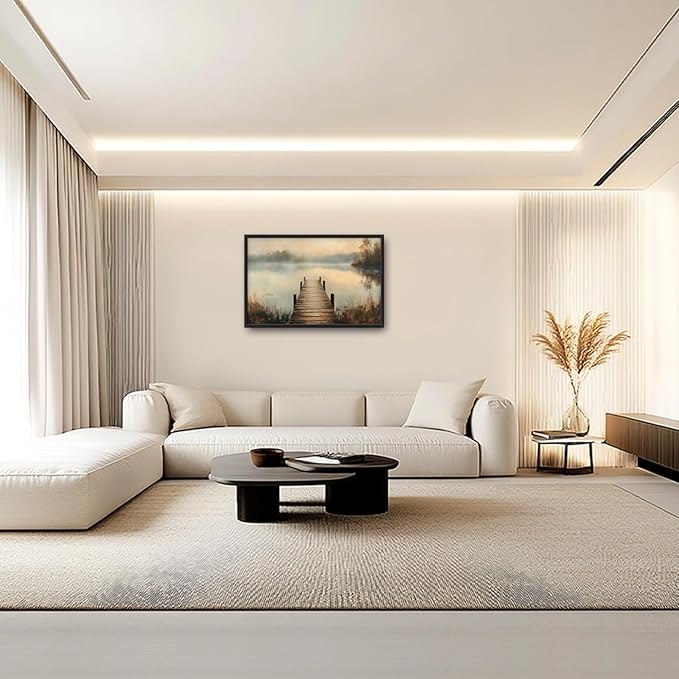 Olivine Large Wall Art, Retro Lake Pictures Wall Decor, Pier Painting, Nature Landscape Canvas Prints, Framed Artwork for Bathroom Bedroom Living Room Office Home Decoration 36"x24"