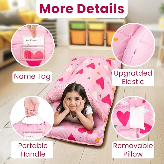 Toddler Nap Mat with Pillow and Minky Blanket, Large 55"x35" Sleeping Bag, Washable, Lightweight, Easy to Roll, Perfect for Preschool, Daycare, Kindergarten, Travel, Boys and Girls(Hearts)