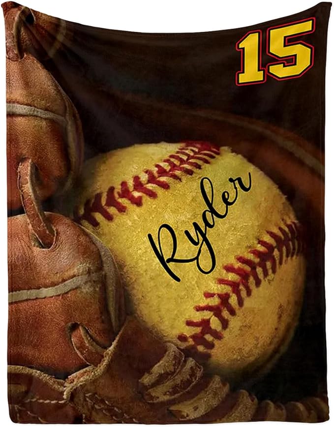 Custom Baby Softball Blanket with Name Number: Personalized Fluffy and Warm Gift for Baby Toddler Kids and Adults Birthday Skin-Friendly Flannel Fabric(40"x50")