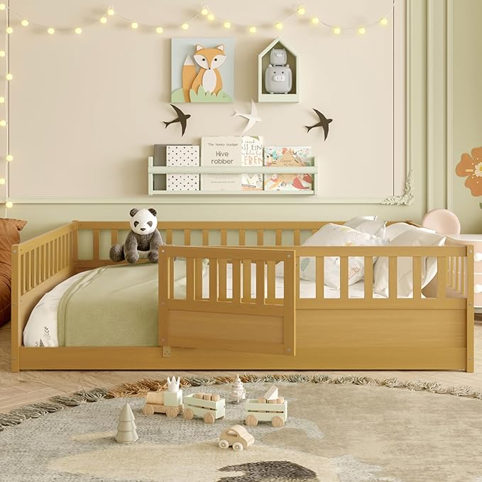 Bellemave Full Floor Bed with Slats, Full Size Floor Beds with High Fence and Door, Montessori Floor Bed Frame, No Box Spring Needed, Easy Assemble Montessori Bed, Natural