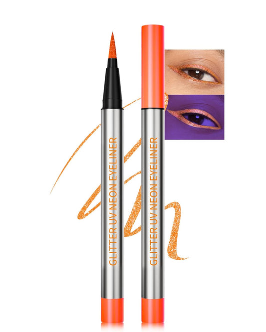 Glitter UV Neon Eyeliner Pencil, Waterproof Smudge-Proof Orange Eye Liner Liquid Pen, High-Pigment Shimmer Eyeliner Pen Long-Lasting Colorful Professional Makeup,Halloween Rave Party Gift for Women-04