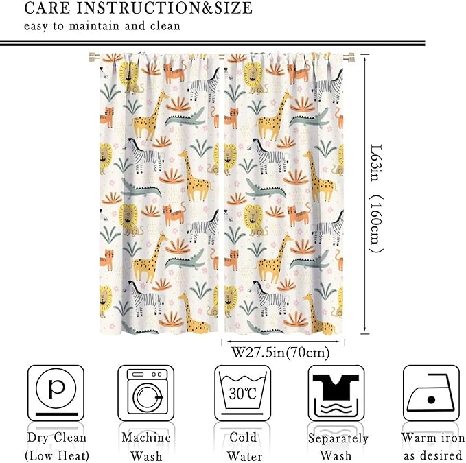 Wild Animals Curtains, Cute Cartoon Animals Zoo with Lion Zebra Crocodile Cat and Giraffe Tropical Jungle Plant Print Window Treatments for Kids Boys Girls Bedroom Living Room 55x63in