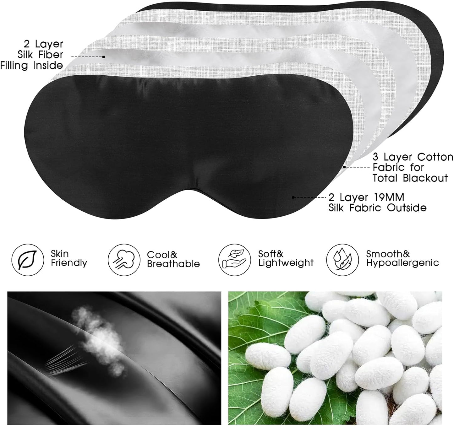 100% Mulberry Silk Eye Mask for Sleeping with Silk Wrapped Adjustable Strap,Black
