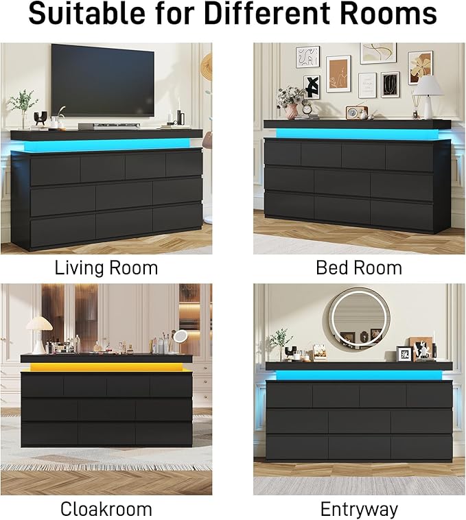 10 Drawer Dresser for Bedroom, 63“ Wide 34” Tall Drawer Organizer Cabinet with LED Light and Charge Station, Modern Chest of Drawers for Closet, Living Room, Entryway, Hallway (Black, 10 Drawers)