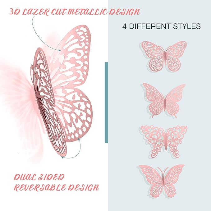 3D Gold Butterfly Wall Decor 3 Sizes 4 Styles Butterfly Party Decorations Cake Decorations Removable Stickers Wall Decor Room Mural Metallic Kids (Pink, 96Pcs)